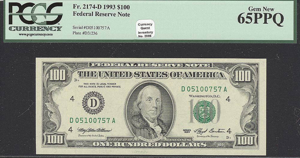 Fr.2174-D, 1993 $100 Cleveland FRN, D05100757A, Gem CU, PCGS65-PPQ